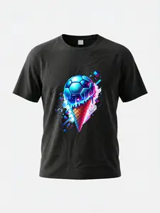 Men's Neon Football Cone Tee, Sporty Fitted Short Sleeve Top, Daily Wear and Outdoor Sports, Technology Print, No Zipper, Without Collar