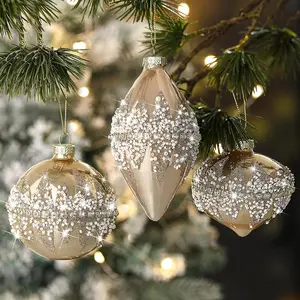 3 Pcs Champagne Christmas Glass Ball Ornaments Beaded Sequined Glitter Ball Christmas Tree Decorations Hanging Xmas Glass Baubles for Holiday Xmas Tree Party Decor