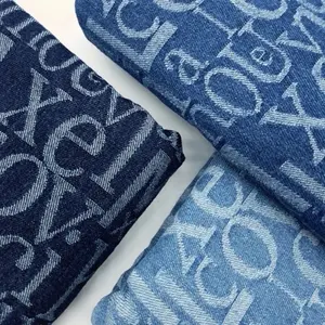 Jacquard Washed Denim Fabric with English Letters for DIY Handmade Clothing by Half Meter