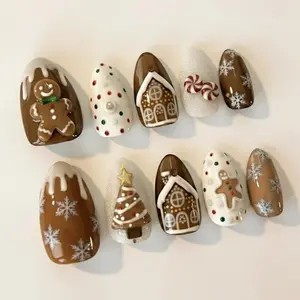 Gingerbread Christmas Press On Nails, Brown & Cream Holiday Nails , Gingerbread Man, Candy House, Snowflake Nail Set, Christmas tree