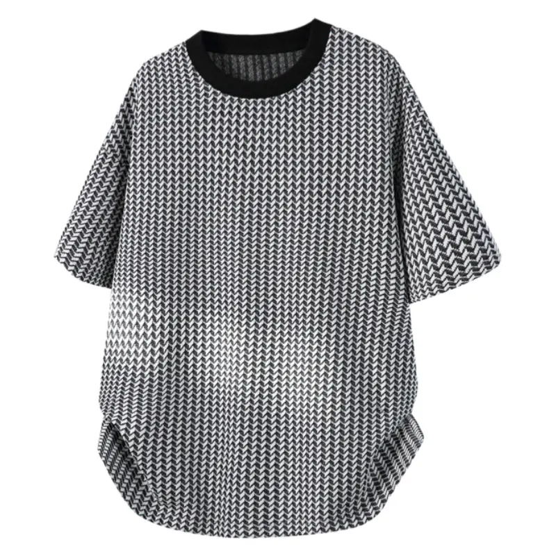 Men's Wave Print Loose-Fitting Tshirt - Menswear Half Sleeve Top with Contrast Round Neck, Casual Soft Breathable Curved Hem Summer Streetwear Tee, Stylish, Crew Neck, Machine Washable, Moderate, Normal Type, T-Shirt, Mens Clothing, 3/4 Sleeve, Polyester,