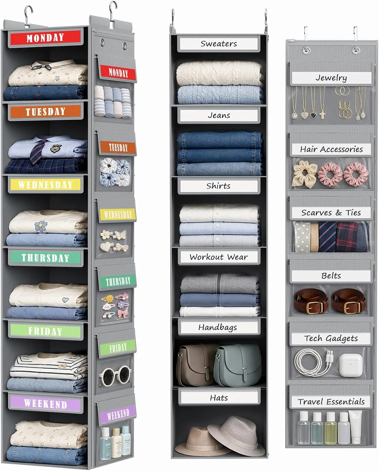 DIMJ Closet Organizer 2 in 1 - Weekly Clothes Organizer for Kids Over the Door Organizer 6-Shelf Daily Monday Friday Weekend Shelves, for School Outfits, Baby Clothes, Grey