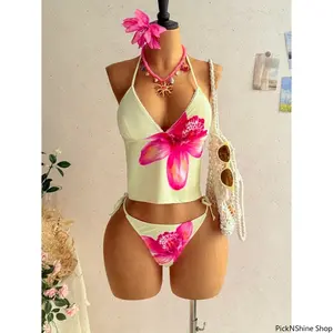 Women’s Floral Print Halter Bikini Swimsuit Set Tie Back Design Lightweight Stretch Fabric Two Piece Swimwear for Beach Vacation Pool Party Summer Wear