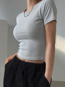 Women's Plain Round Neck Crop Tee, Casual Short Sleeve Crew Neck T-shirt for Summer, Fashion Minimalist Women's Top for Daily Wear