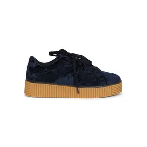 Women Round Toe Lace Up Flatform Creeper Sneaker - Navy Blue Shoe Casual Foot Wear Walking Shoes