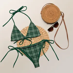 Women Forest Green Plaid Bikini Set Tie String Triangle Halter Swimsuit Tartan Check Pattern 2 Piece Swimwear Summer Beach Vacation Sunbathing Pool Party Casual Boho Outfit