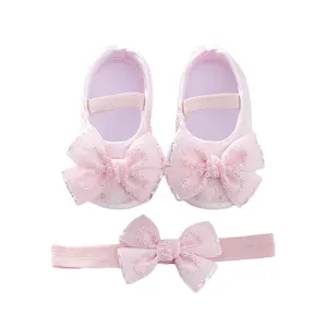 Infants Baby Girls Mary Jane Flats Beaded Bow Princess Shoes Dress Walking Shoes and Headband for Newborn Infant Toddler