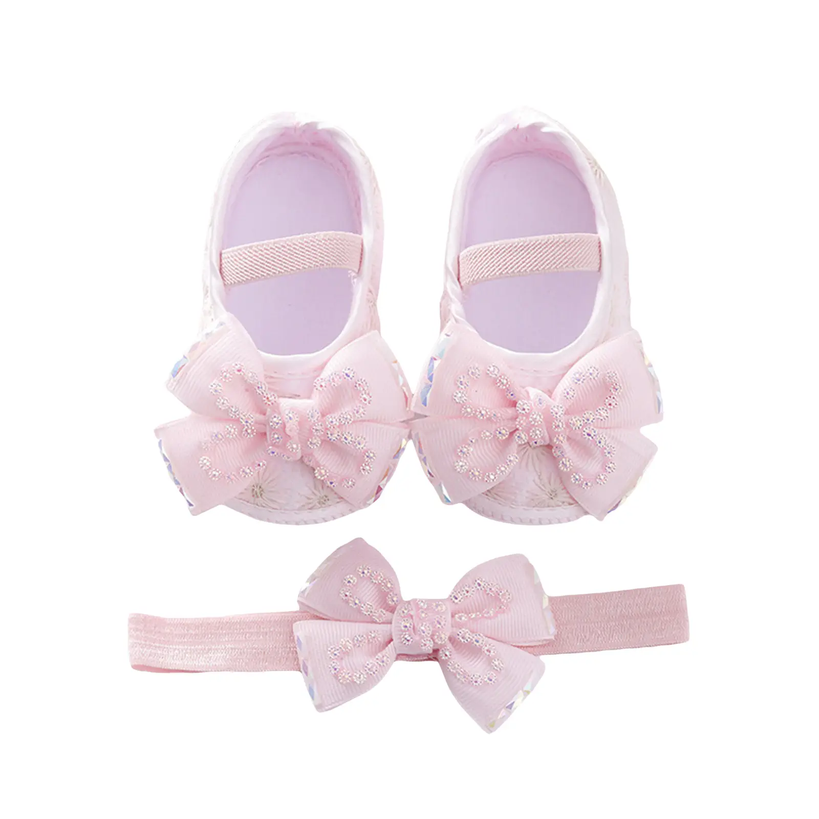 Infants Baby Girls Mary Jane Flats Beaded Bow Princess Shoes Dress Walking Shoes and Headband for Newborn Infant Toddler