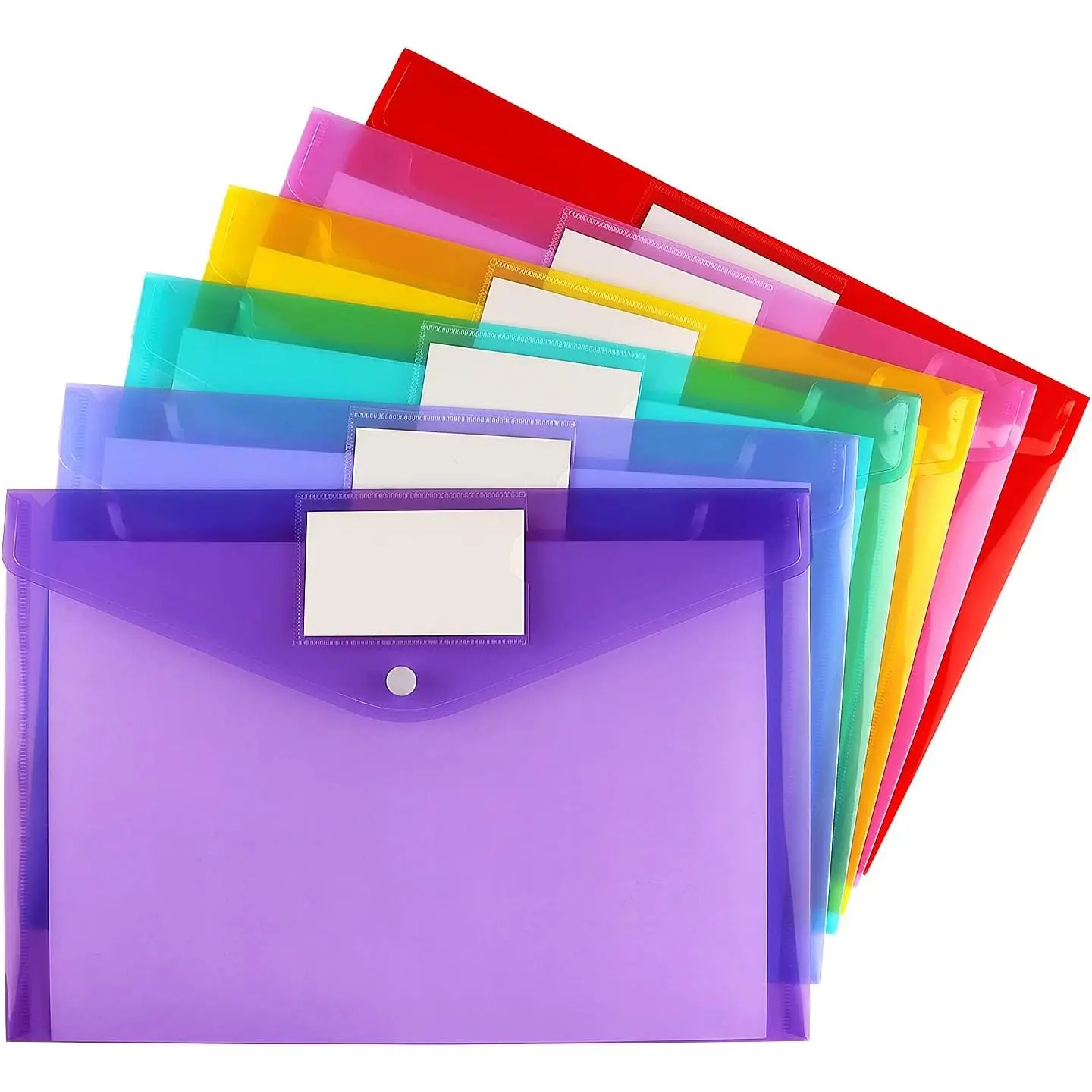 6 Pack Clear Document Folders Plastic Envelopes Poly Envelopes File Envelopes with Label Pocket and Snap Button for  Work Office Organization, Letter Size/A4 Size, 6 Colors