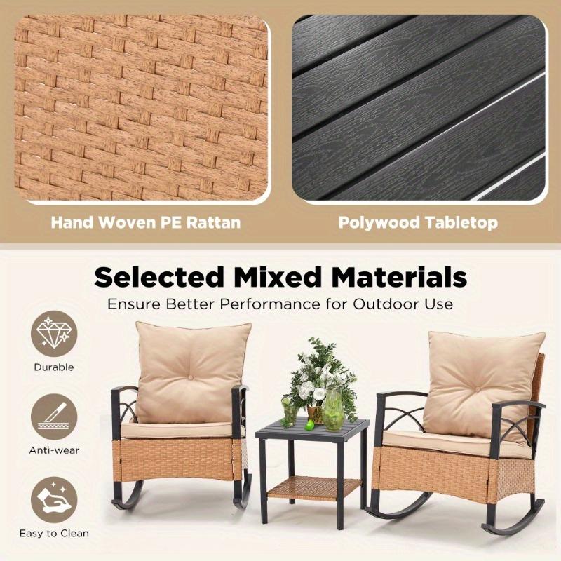 Patio Rattan Rocking Chairs Set of 3, Outdoor Dining Chairs with Cushion and Coffee Table, Patio Rocker Chair Set for Porch and Backyard Beige