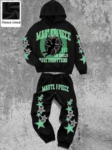 Men's Hoodie & Sweatpants Set, Streetwear Style Knit with Masterpiece Print, Angel Graphic, Los Angeles Design, Casual, Fitted