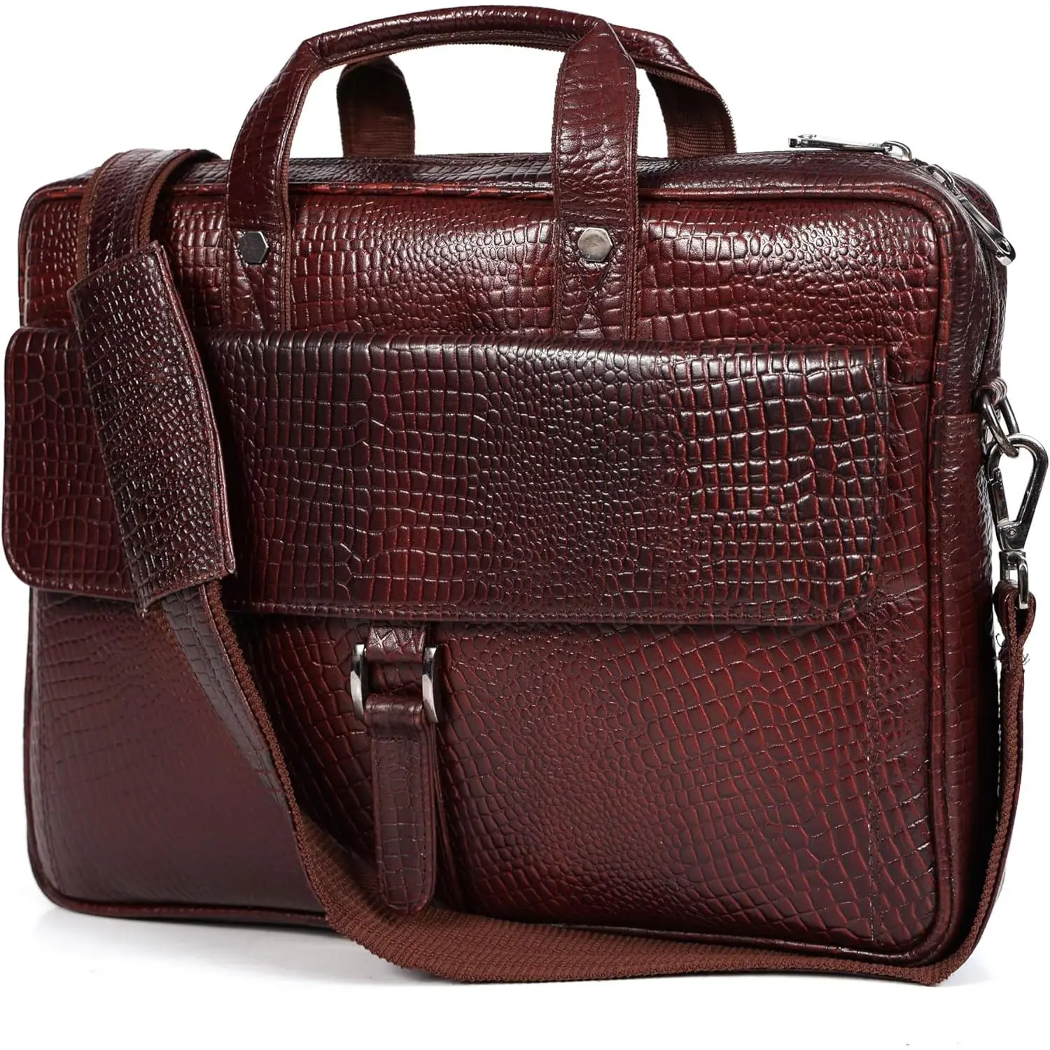 16" Crocodile Embossed Leather Laptop Briefcase, 5 Zipper Pockets, 2 Spacious Compartments,12x16x4 inches | Adjustable Strap, Multiple Slots