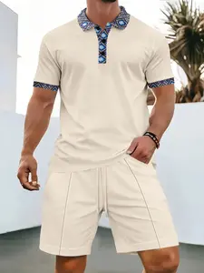 Men's Summer Breathable Polo Shirt Set, Lightweight Elastic Casual Short Sleeve Pure Color, Comfortable Turn-Down Collar Polo Top