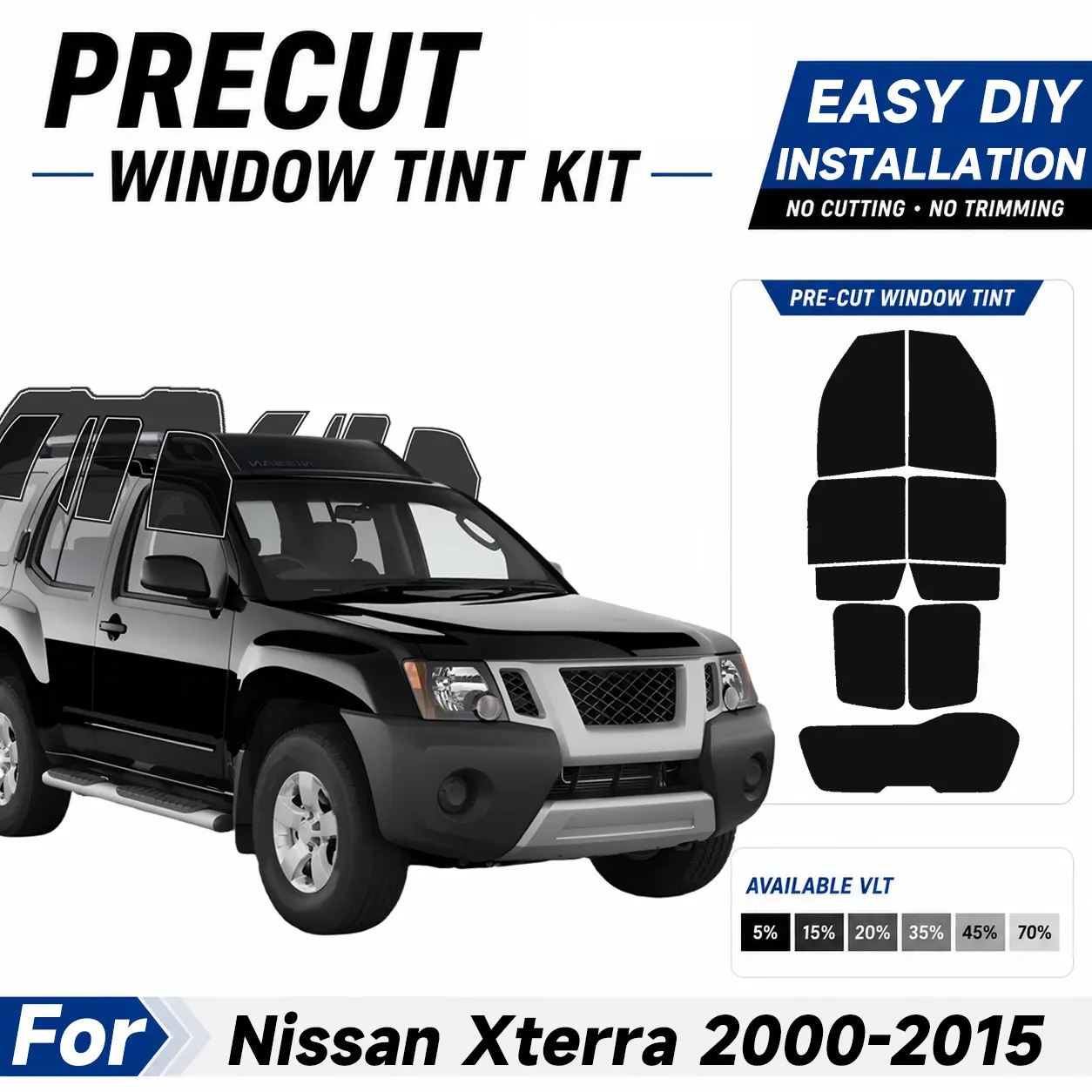 Automotive Custom Size Precut Window Tint - Easy to Apply Installation Pre Cut Tint Kit, Sun protection UV Protection & Car For Nissan Xterra 2000-2015