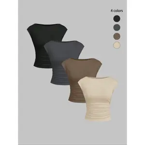 Women's 4-Piece Fashion Casual Knit Round Neck Fitted Ruched T-Shirt Set, Plain Short Sleeve, Soft Breathable Fabric, Daily Wear