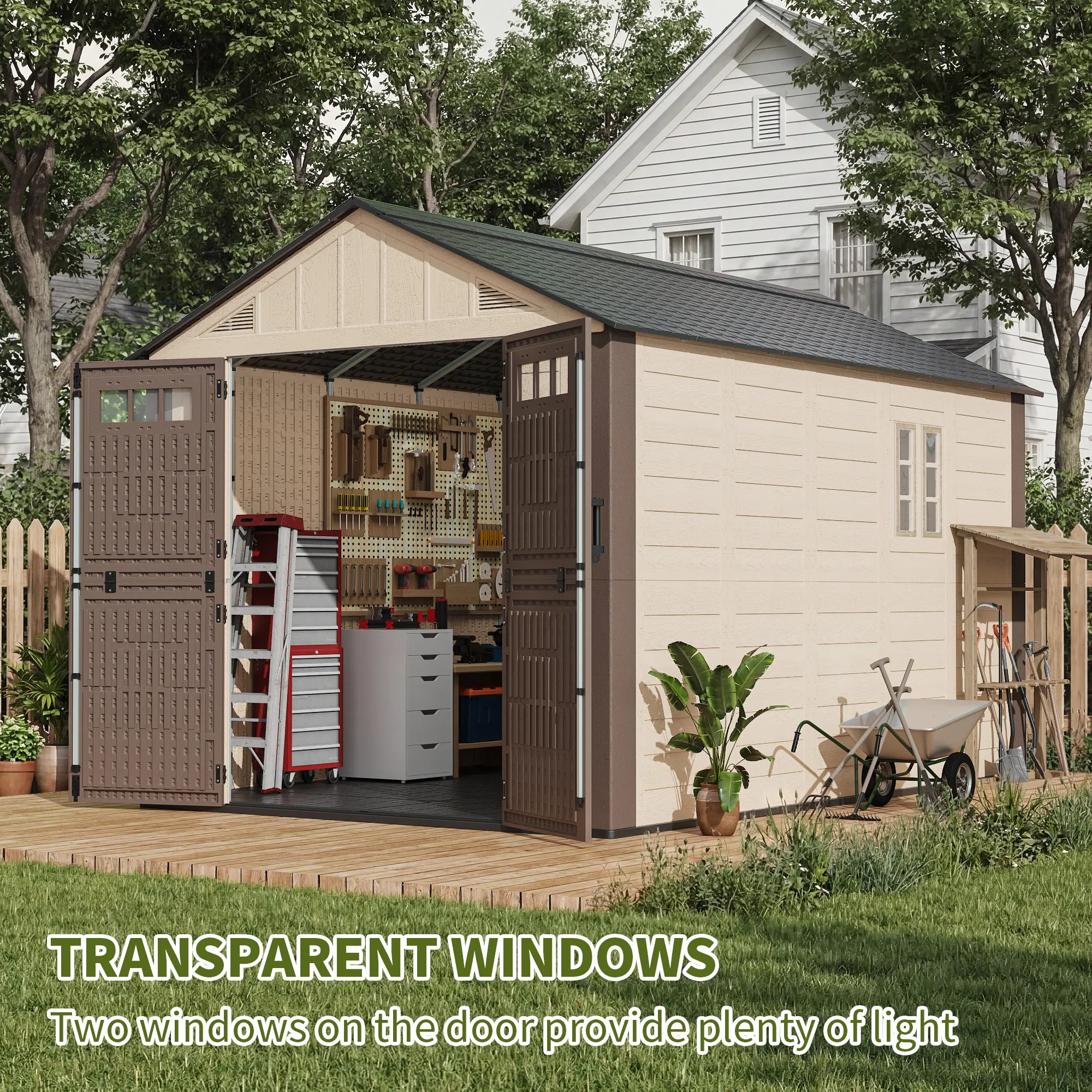 Polar Aurora 8x10/8x12 FT Outdoor Resin Storage Shed, Plastic Shed with Floor, Door, Window &Vents, Extra Thick Outdoor Resin Shed for Patio, Backyard, Beige