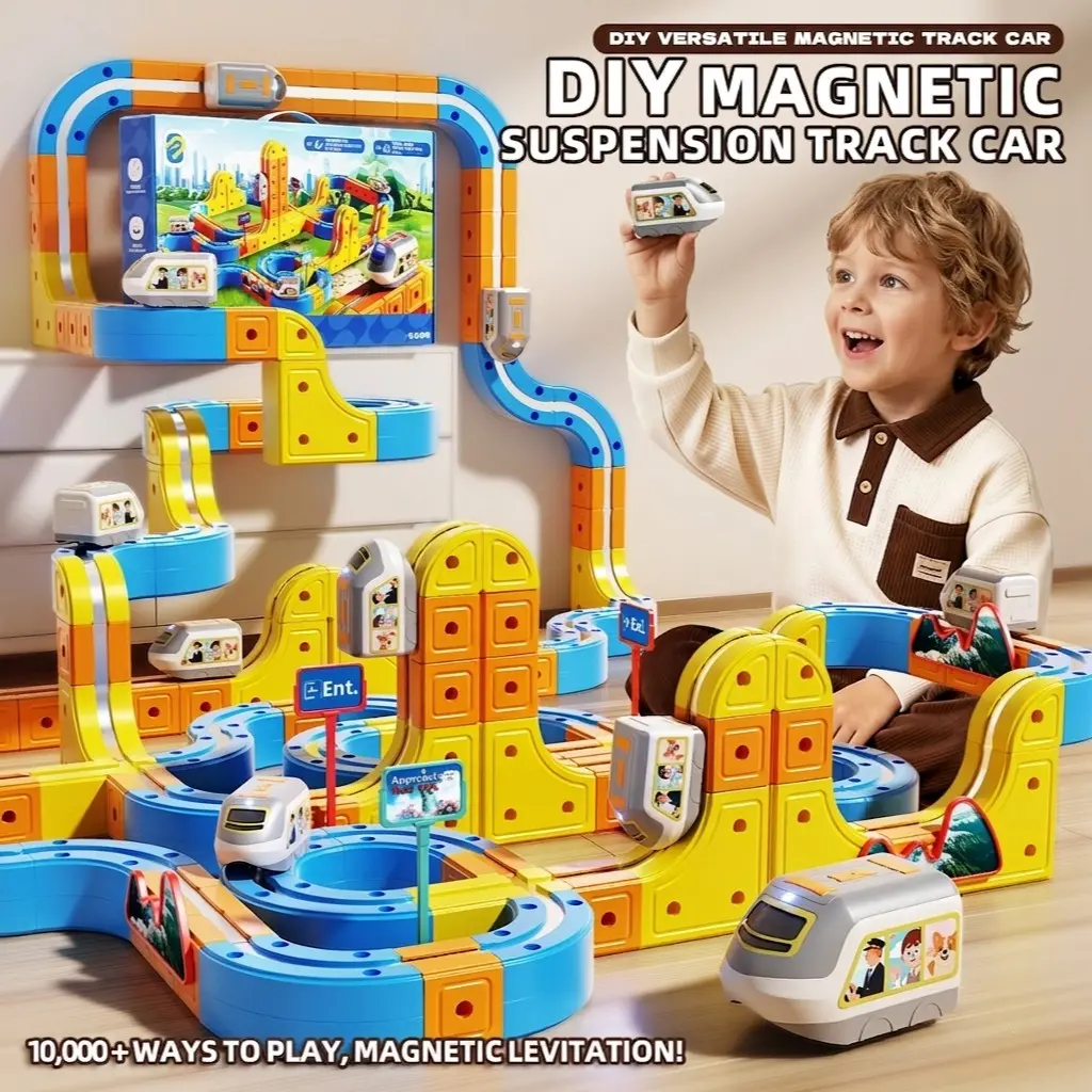 Magnetic Train Track Building Set with LED Lights 167/155/86/70PCS, Electric Race Car Track with Train and Traffic Signs, USB Rechargeable Car Toy, Upside-Down Driving, DIY Track toys, kids STEM Building Toys, Birthday Gift, Building Block Kit