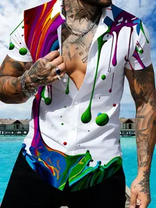 Colorful Splash Ink Printed Short Sleeve Collared Shirt, Fashion Trendy Men's Casual Top, Colorful Art Pattern Design, Menswear