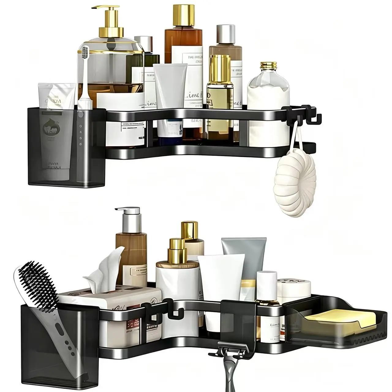 No-drill double-layer bathroom corner storage rack, adhesive wall-mounted shower organizer, waterproof and rustproof, includes a complete set of installation accessories, suitable for storing toothbrushes and soap in the bathroom/laundry room.