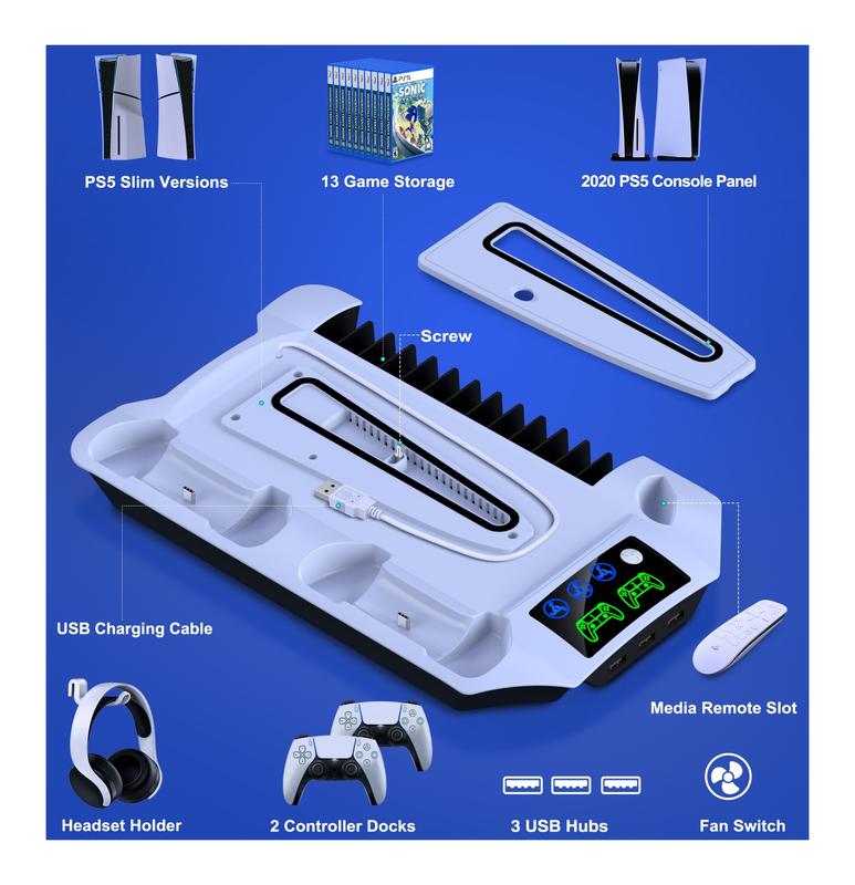ESYWEN PS5 Slim/PS5 Pro Stand & Cooling Station with Dual Controller Charger, 3-Level Fan, 13-Game Holder, USB Hub, Headset Mount, Fast Charging Dock, LED Indicators