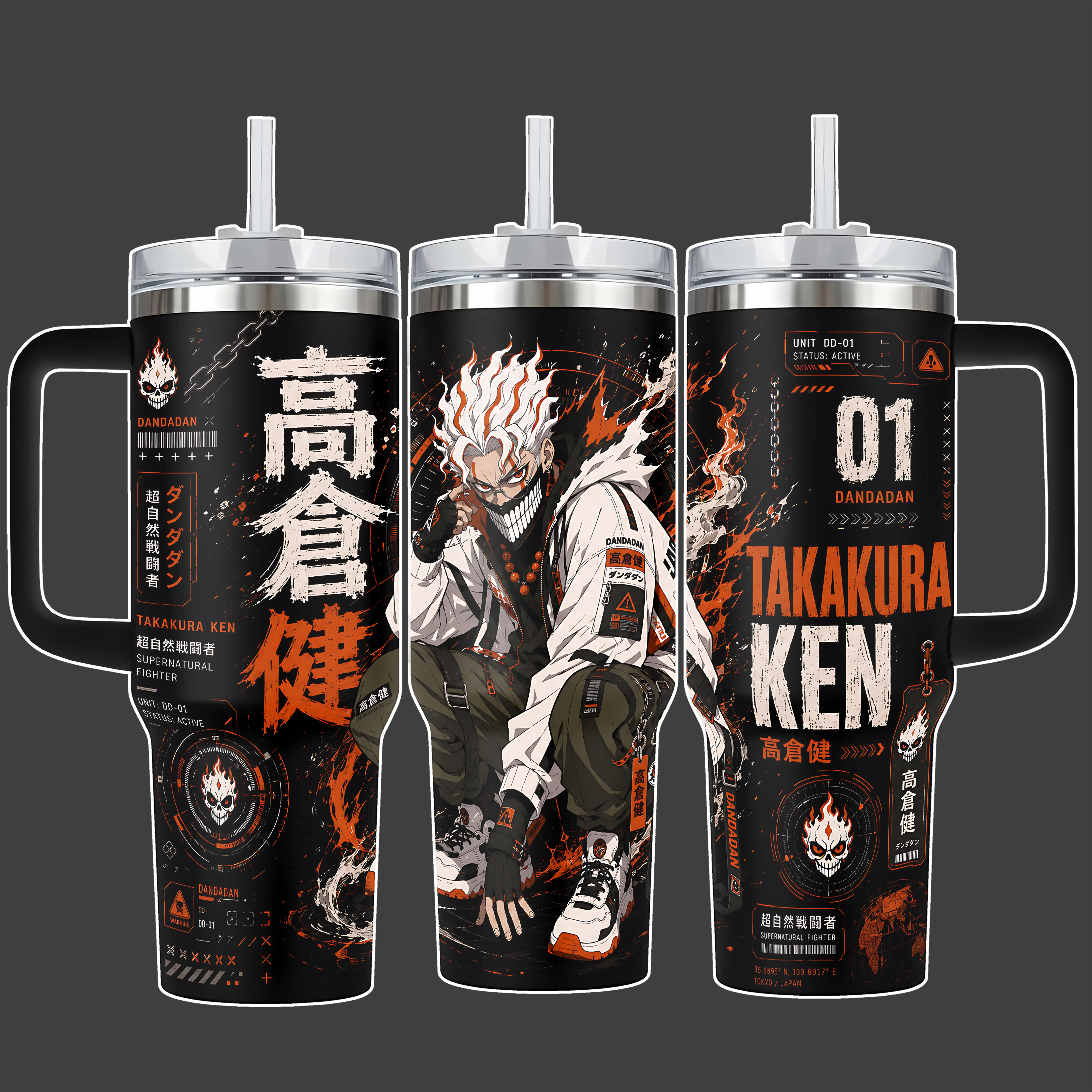 Dandadan Okarun Turbo Granny Transformation Anime Tumbler Cup, Orange Black Full Wrap Stainless Steel Insulated 20oz/40oz With Straw Lid Included, 40oz Handle Option