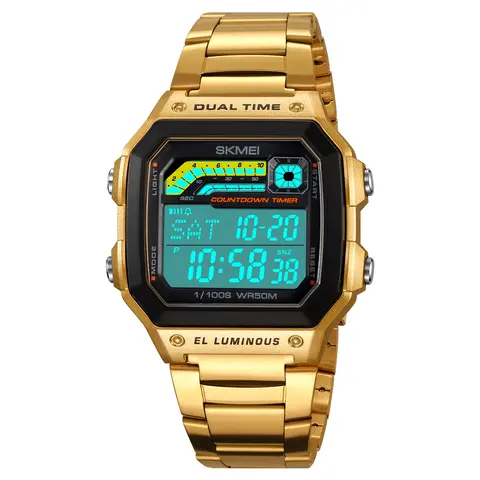 Men's Gold Digital Stainless Steel Quartz Sports Wristwatch - 50M - 100M Waterproof, Rectangle Luminous Dial, Multifunctional Chronograph with Alarm, Stopwatch, Countdown, 2 Time Zones, Backlight, Batteries Included, 12-Month Support for Outdoor Use, Lumi