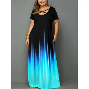 Plus Size Women’s Casual Long Dress – Summer 2025, gradient positioning print, V-neck, short sleeves, pockets
