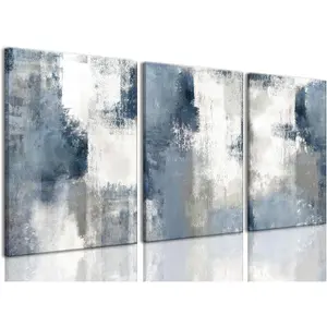 Framed Abstract Wall Art Navy Blue Gray Canvas Large Framed Set of 3 Modern Minimalist Neutral Color Block Shape Artwork Blue Printing Pictures Wall Decor for Living Room Bedroom Office-16x24in