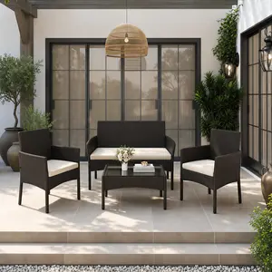 【Smart Buy】Costoffs 4-Piece Outdoor Reception Set with 1/2-Seat Sofa 2 Single-Seat Sofas & Coffee Table Patio Rattan Furniture Tempered Glass Top Cozy Garden Seating summervibes