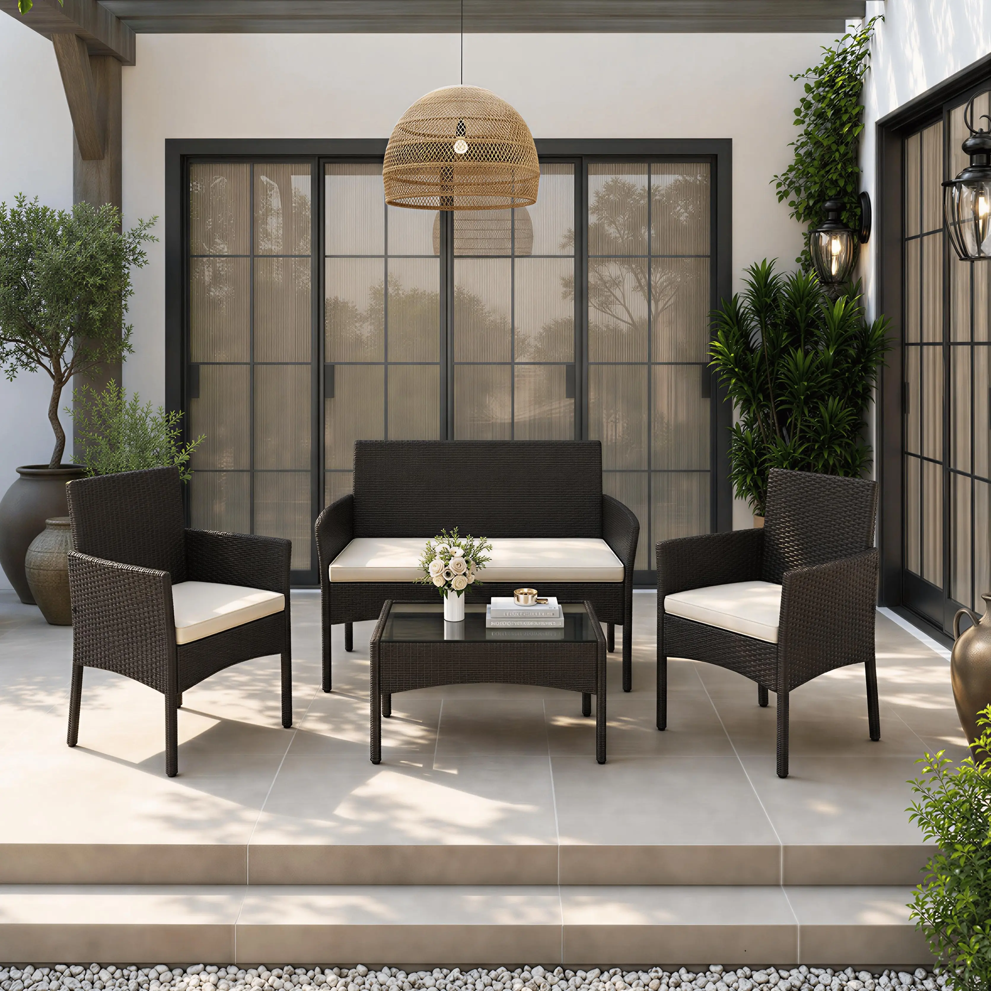 【Smart Buy】Costoffs 4-Piece Outdoor Reception Set with 1/2-Seat Sofa 2 Single-Seat Sofas & Coffee Table Patio Rattan Furniture Tempered Glass Top Cozy Garden Seating,summerwins,outdoorfurnitureset