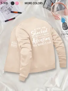 Text Printed Graphic Stand Collar Jacket - Zip-Up Casual Jacket, Polyester Knit Fabric, Fitted Design, Pocket Detail, Suitable for Autumn & Winter, Coats, Womenswear