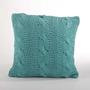 SARO  20 in. Cable Knit Design Down Filled Cotton Throw Pillow Turquoise