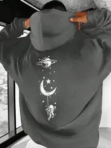 Men's Astronaut & Planet Print Drop Shoulder Hoodie, Fashion Casual Loose Drawstring Pocket Hooded Sweatshirt for Daily Holiday Outdoor Wear, Men Clothes for Fall & Winter