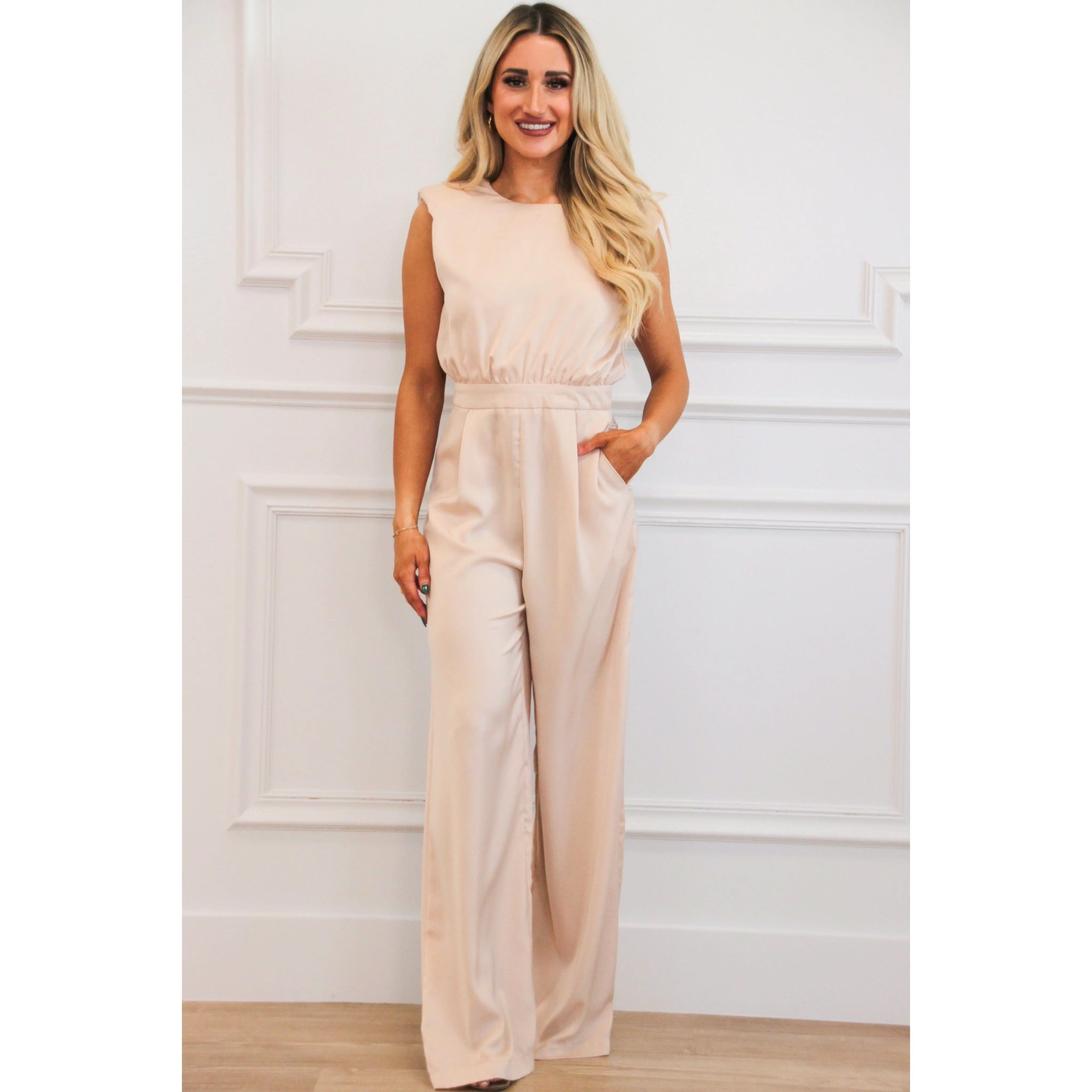 Bette Cap Sleeve Satin Jumpsuit: Champagne