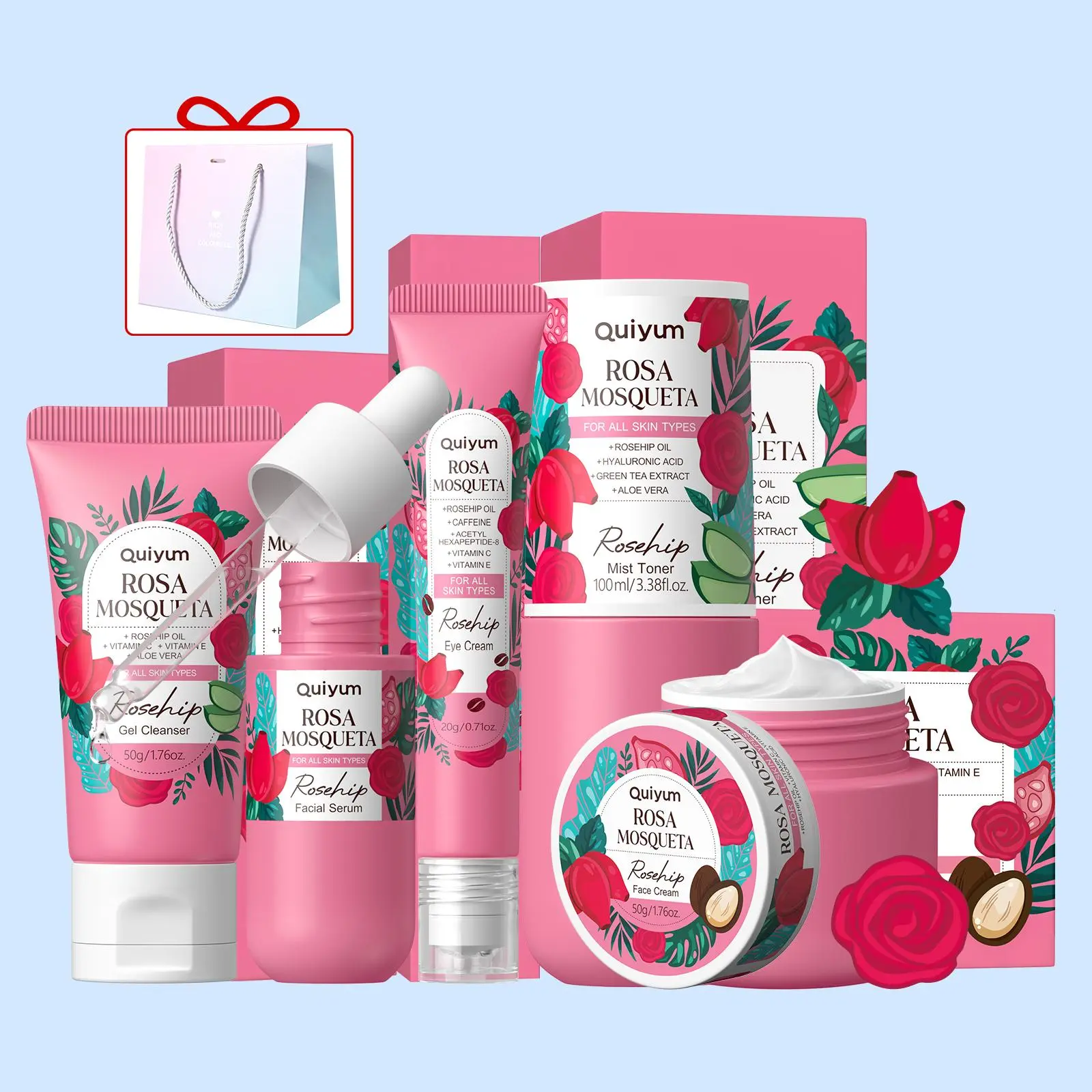 Quiyum Rose Fruit Skincare Set, Cleanser Gel 50g + Toner 100ML + Facial Essence 30ML + Eye Cream 20g + Face Lotion 50g + Gift Bag, Spa Gift Set