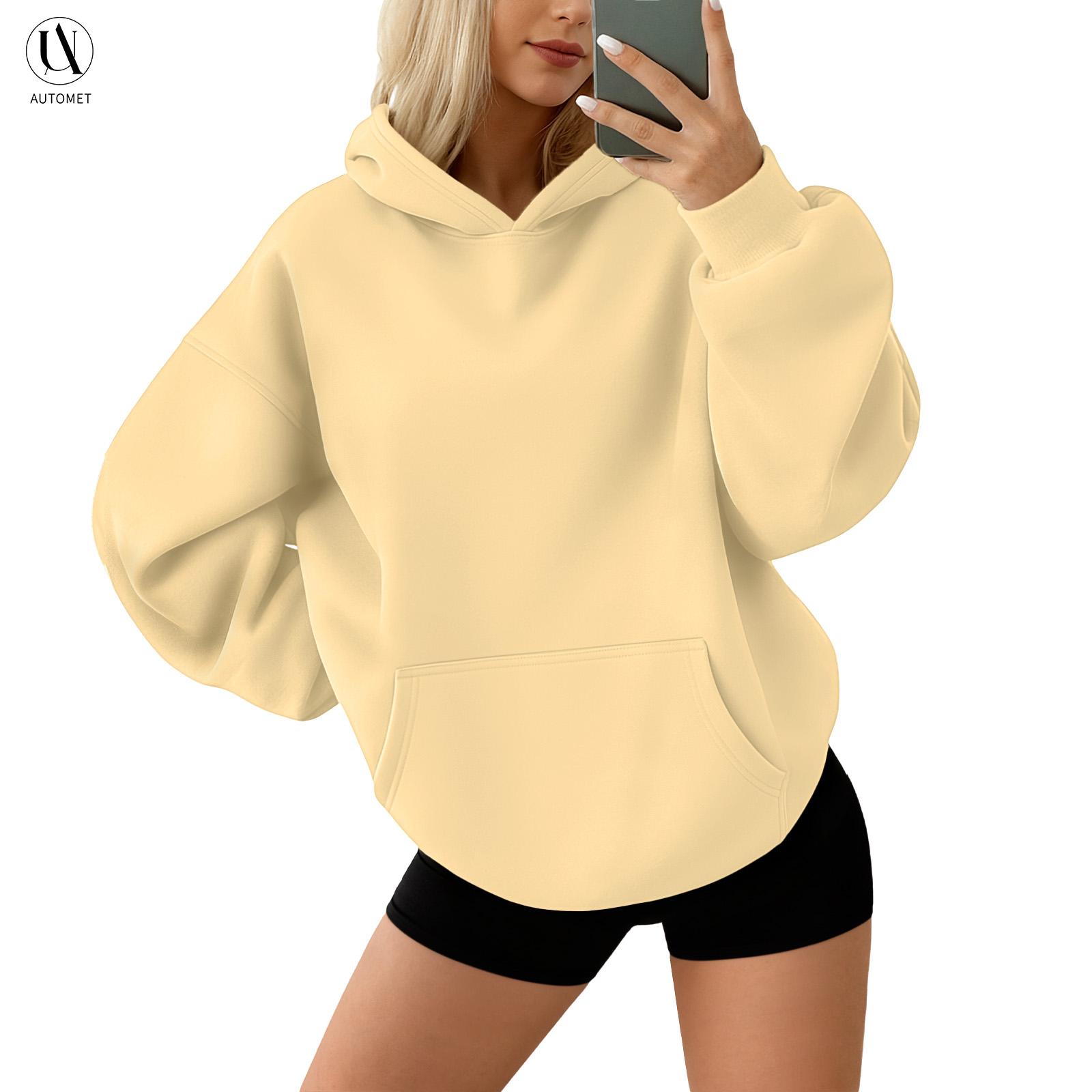 AUTOMET Women's Oversize Minimalist Full-Sleeve Cotton Fleece Polyester Essential Hoodie, Baggy Chic Tops for Women with Pockets, Casual Fall Everyday Sweats