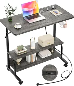 Height Adjustable Standing Desk with Power Outlets, 32" Manual Stand Up Desk with Storage Shelves Small Mobile Rolling Computer Desk Portable Laptop Table with Wheels for Home Office, Grey Oak