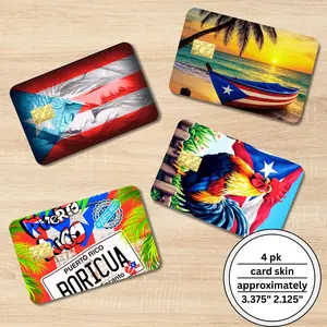 Puerto Rico Holographic Card Skin Stickers 4 Pack Assorted Designs 3.375 x 2.125 Universal Size Easy Peel Stick Application High-Shine Vinyl Finish Sticky Back Photo
