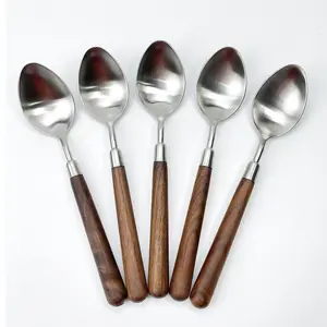 5 Piece Rustic Wooden Handle Spoon Set - 304 Stainless Steel Serving Tablespoons and Wooden Dinner Spoons with Walnut Handles