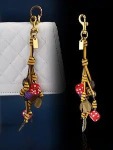 Vintage American Dice Leather Fringe Feather Keychain, Bag Charm, Car Ornament, Y2K Style Accessory, Suitable for Girls, Students, Trendy Players