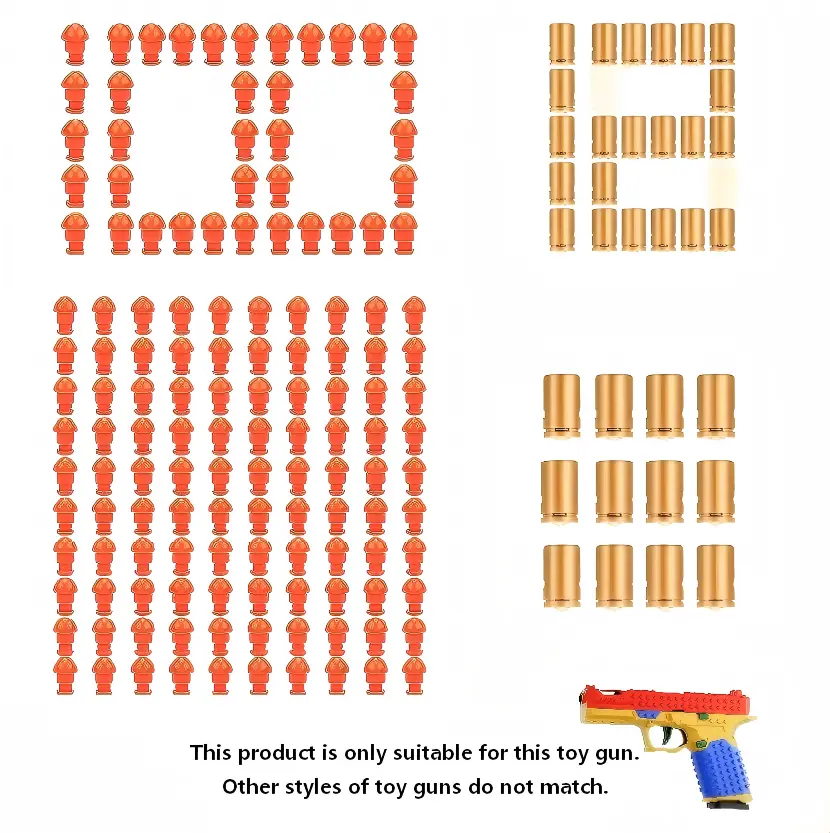Toy bullet set, durable and safe toy set, gift for toy pistol lovers-quick filling design, reusable-shooting game accessories, including 12 plastic casings and 100 bullets.Designated toy gun,Give 2 stickers at random.