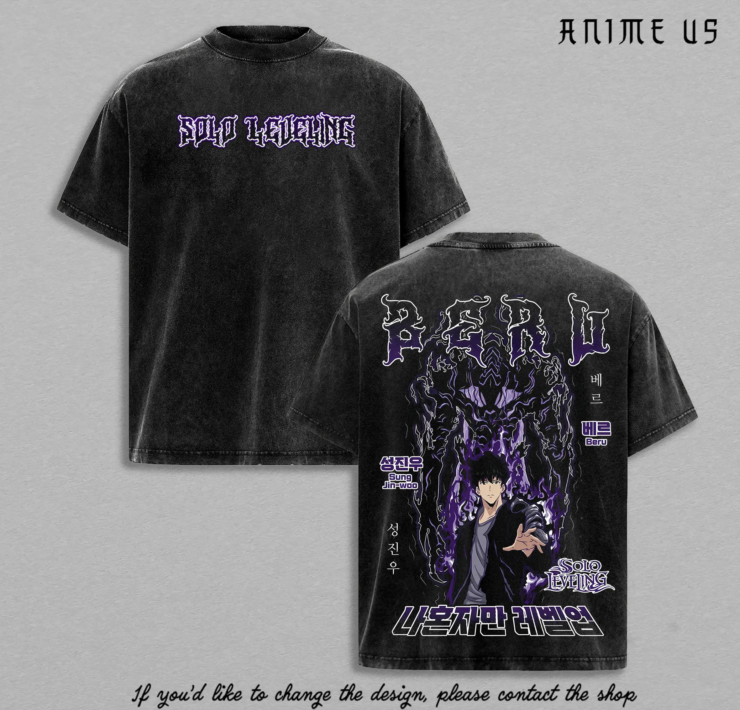 Sung Jin Woo x Beru Dark Power Solo Leveling Shadow Monarch Anime Tee Aesthetic Streetwear Vintage Washed Graphic Shirt Unisex Oversized