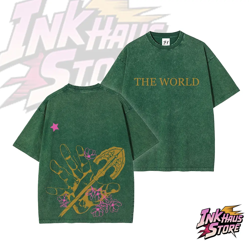 Stand Arrow Acid wash tee from the JoJo's Bizarre Adventure series JJBA anime fashion streetwear gym fit stylish -- Short Sleeve Cotton Unisex Retro Vintage style