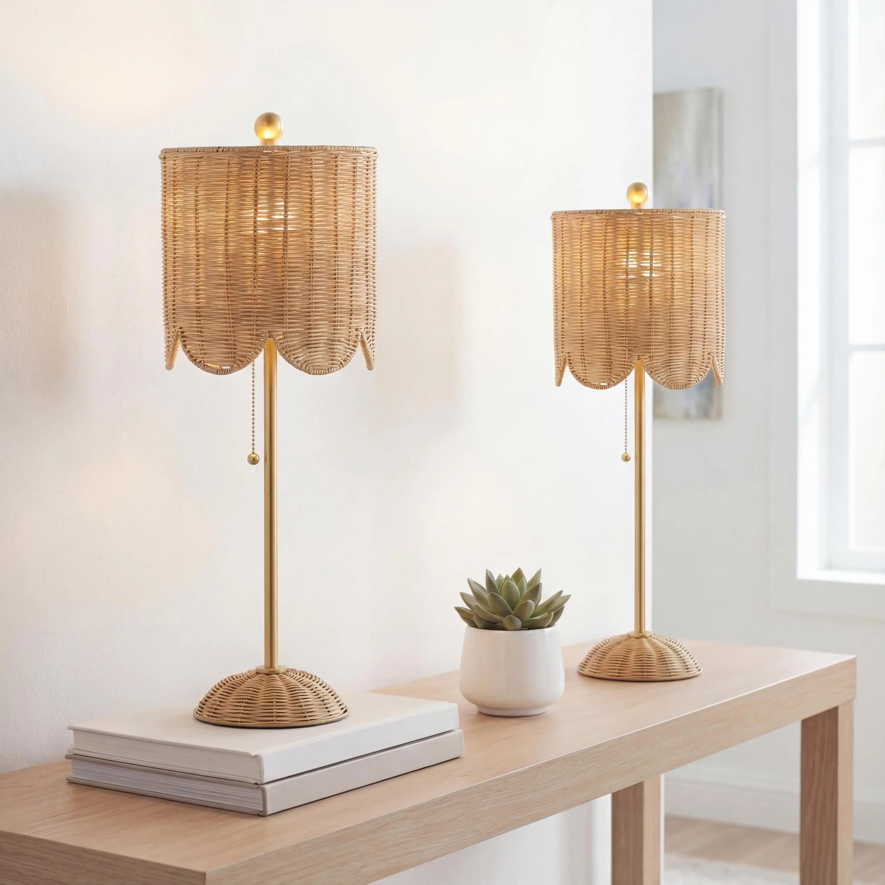 JONATHAN Y Celerie 27.5" Rattan Buffet Lamp, Set of 2 | Coastal Bohemian Style, Metal Candlestick Base, Scalloped Rattan Shade, Pull Chain Switch, LED Bulbs Included