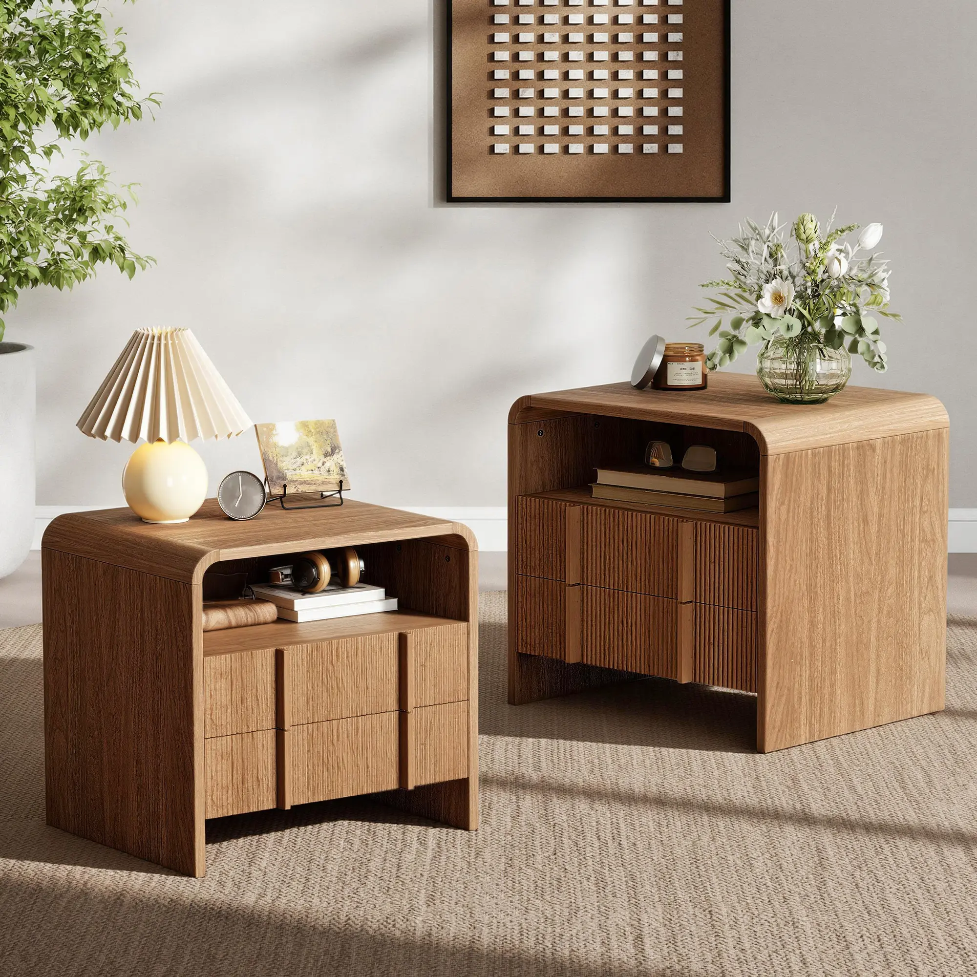 [Summerwins]AMERLIFE Modern Nightstand Pedestal - 2-Style Minimal Piece with Storage Drawer, Open Shelves, Curved Profile, Pine Handles - Wood End Table for Bedroom, Kid Room, Small Spaces, Modern Furniture, Assembly Required