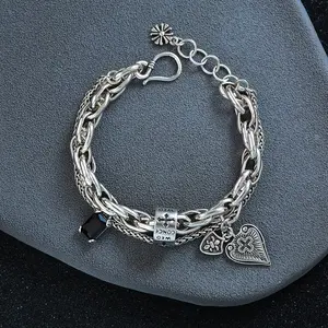 925 Sterling Silver Bracelets for Women Men String Accessories Trend Vintage Heart Cross Shape Pendant Party Jewelry Gift