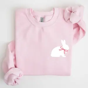 Bunny Wearing A Bow, Pocket Print, Easter Rabbit Sweatshirt & Tshirt, Women's Crew Neck, Crewneck