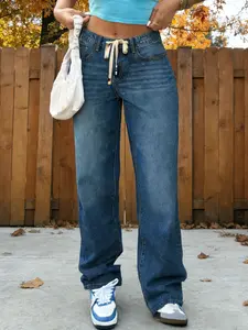 Women's Loose Fit Denim Jeans, Stretchy Straight Leg Pants, Casual Plain Design, All Seasons Wear, Comfortable and Stylish