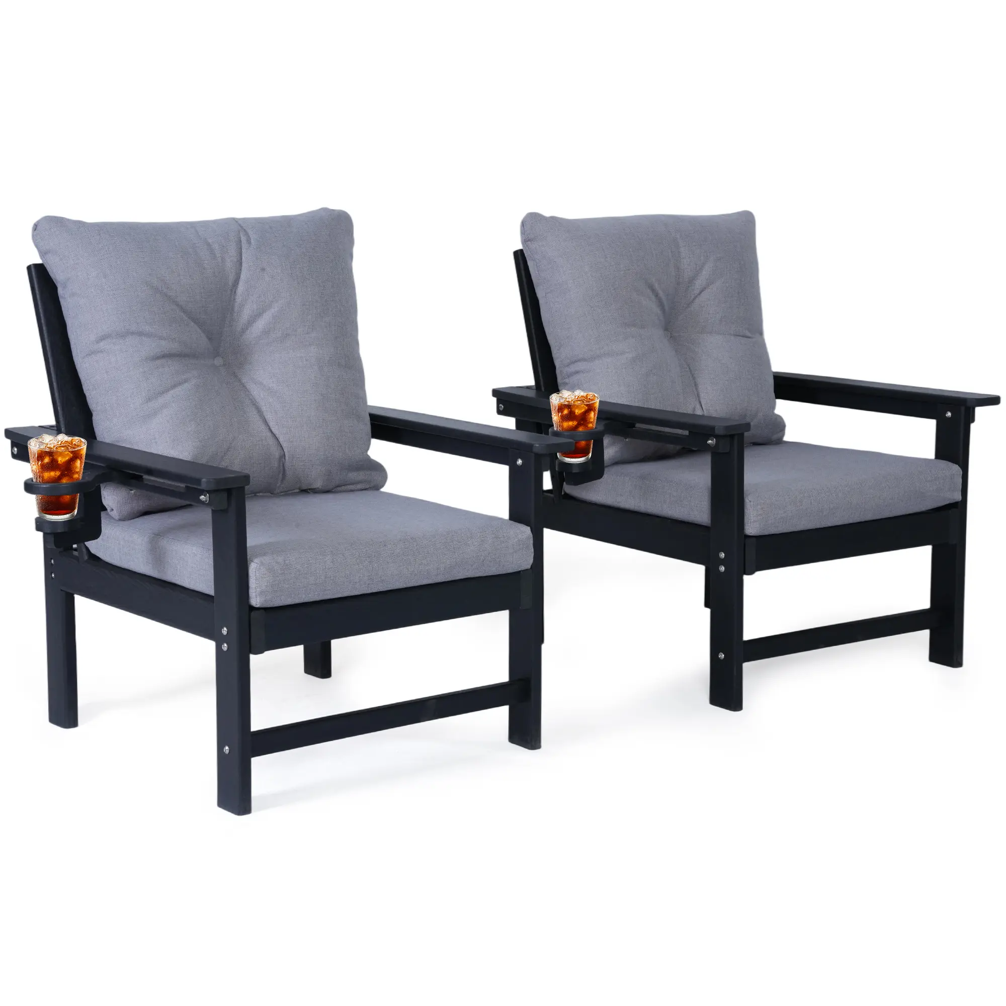 Jonpony Outdoor Armchairs Set of 2, HDPE Patio Couch with Cup Holeder & Thick Gray Cushions, Deep Seating Single Sofa for Garden, Deck, Front Porch