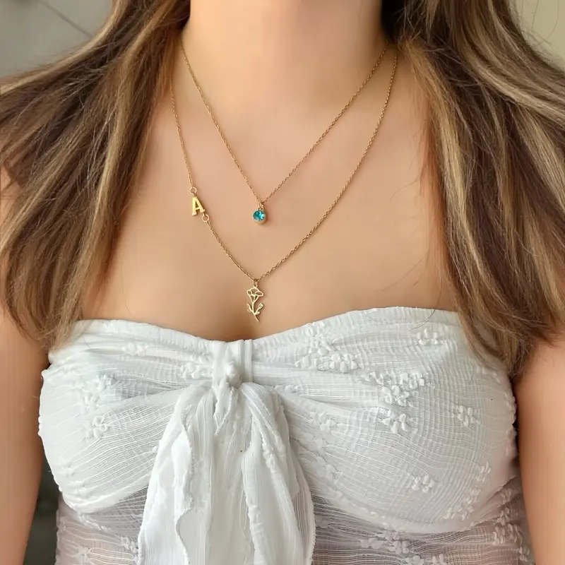 18K Gold Plated Layered 2 Pcs Necklace With Birth Stones, Birth Flowers, And Custom Initial Personalized Necklace